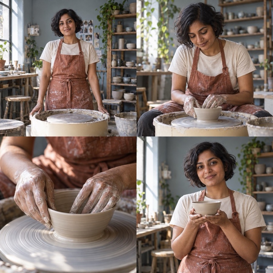 Four clips from one loop: a potter steps into frame, throws a bowl at the wheel, and holds up the finished piece.